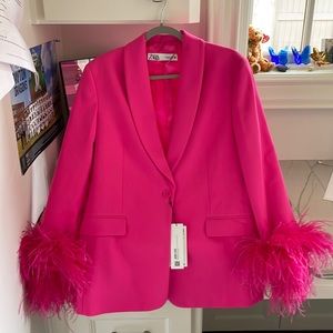Brand new with tags hot pink Zara blazer with feathers